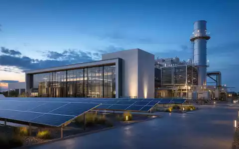 Architektur-Render einer modernen Energieanlage veranschaulicht Geschäftsfeld von PG&E Corporation, Aktie ISIN US69331C1080, Solarpanels - Foto: THN