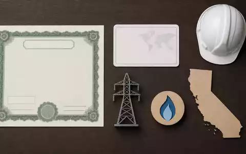 Flatlay mit Aktienzertifikat, ISIN-Karte und Strommast-Modell illustriert Investment in PG&E Corporation, Aktie US69331C1080 - Foto: THN
