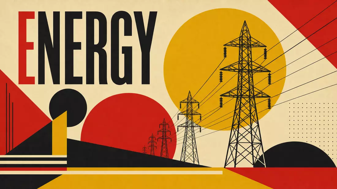 Geometrisches Bauhaus-Poster mit Strommasten und Schriftzug ENERGY