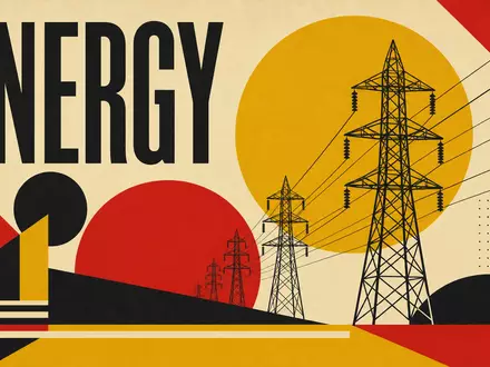 Bauhaus-Poster mit geometrischen Strommasten und Schriftzug ENERGY steht für PG&E Corporation, ISIN US69331C1080 - Foto: THN
