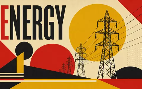 Bauhaus-Poster mit geometrischen Strommasten und Schriftzug ENERGY steht für PG&E Corporation, ISIN US69331C1080 - Foto: THN