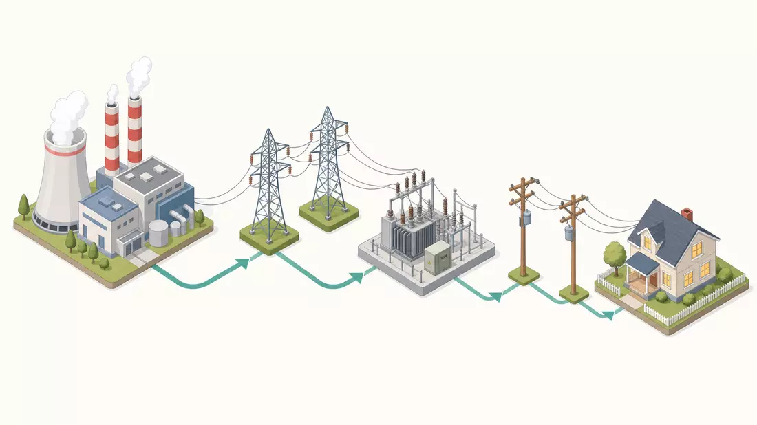 Isometrisches Diagramm von Kraftwerk bis Wohnhaus mit Strommasten