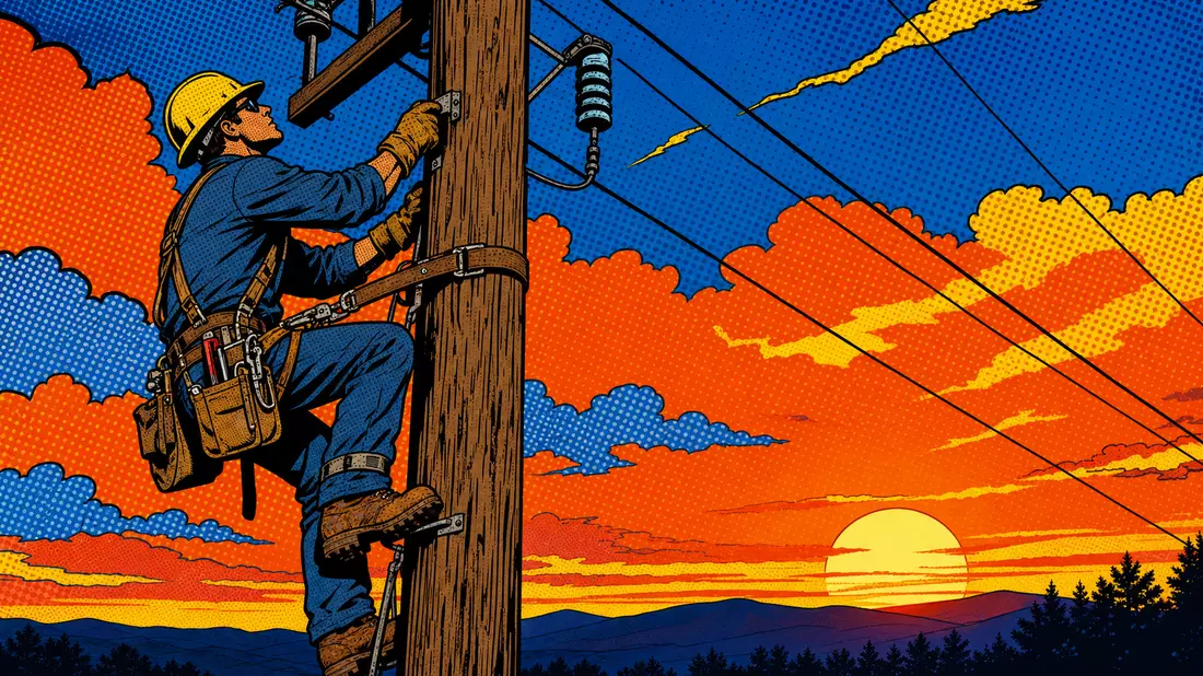 Pop-Art-Comic eines Monteurs am Strommast vor Sonnenuntergang