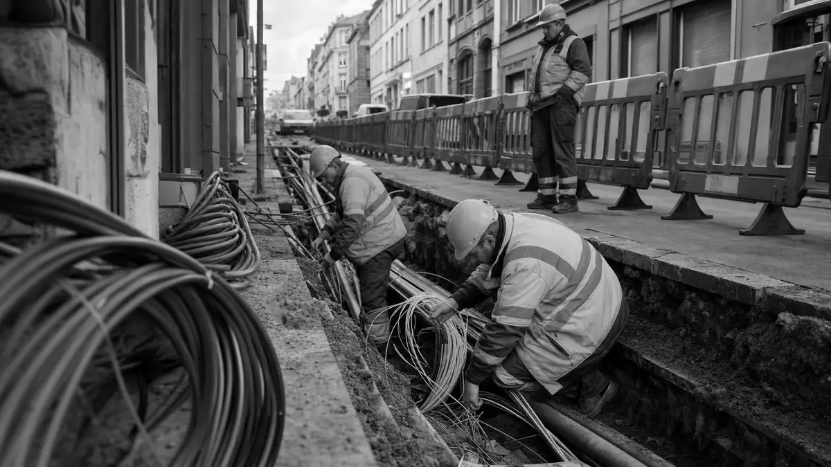 Schwarzweiß-Fotoreportage von Glasfaserverlegung in einer europäischen Stadtstraße