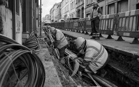Schwarzweiß-Reportage zeigt Glasfaser-Verlegung als Sinnbild für NOS SGPS SA (PTZON0AM0006), portugiesischer Telekommunikationsausbau landesweit - Foto: THN