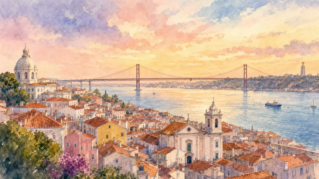 Aquarellmalerei der Skyline von Lissabon mit Tejo-Fluss und Brücke bei Sonnenuntergang