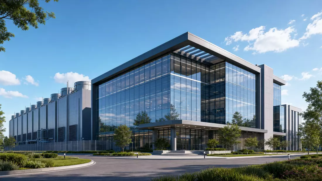 Architektur-Rendering eines modernen Glas-Rechenzentrums mit reflektierender Fassade