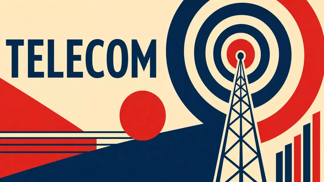 Bauhaus-Poster mit geometrischen Formen, Sendemast und Schriftzug Telecom in Rot-Blau