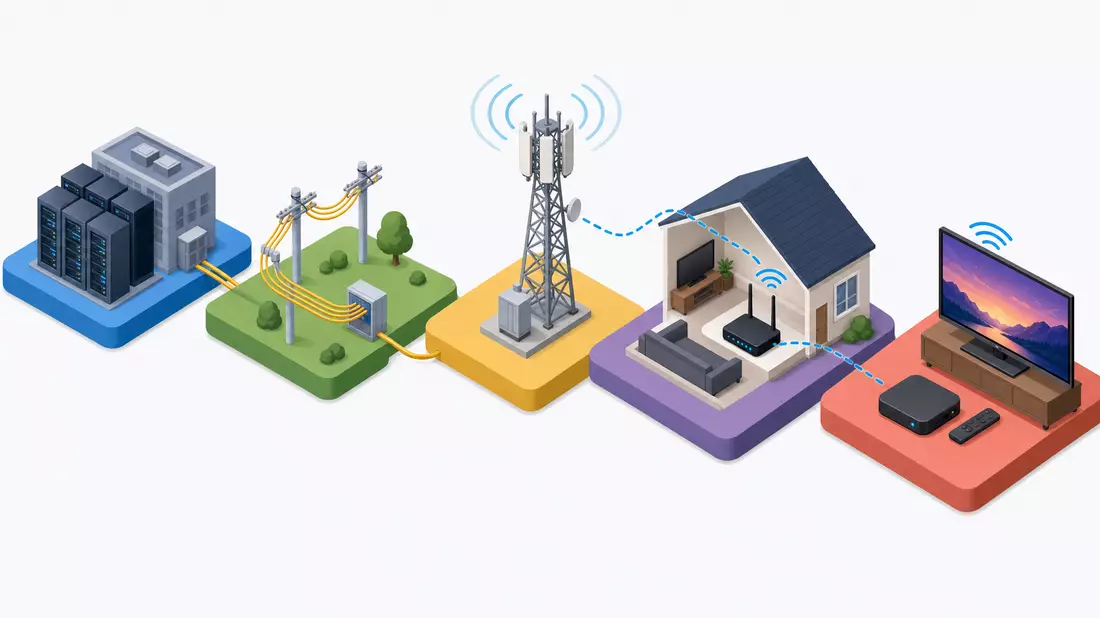 Isometrische 3D-Grafik der Telekommunikations-Wertschöpfungskette von Netz bis Streaming-TV