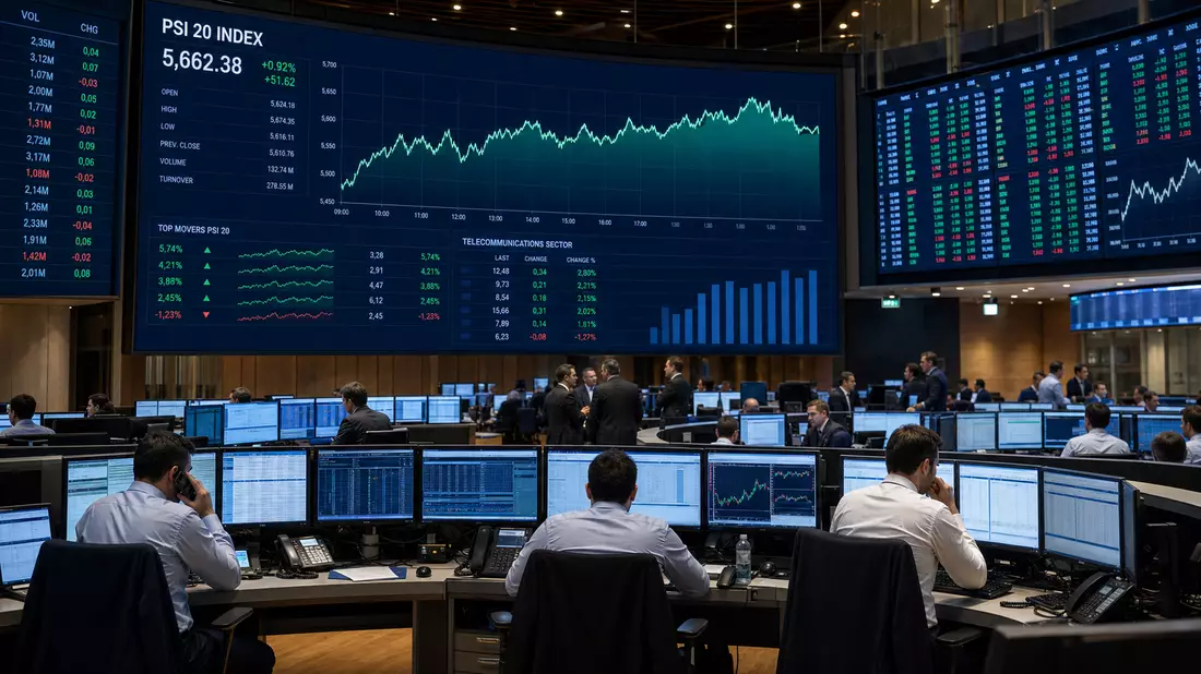 Trading-Floor mit Bildschirmen zu PSI-20-Index und Telekommunikationssektor-Charts