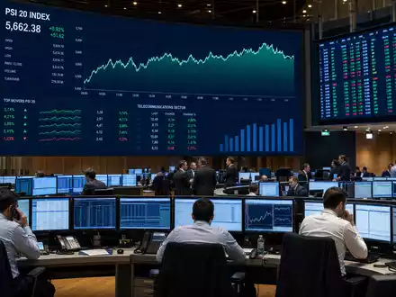 Börsen-Editorial vom Handelssaal mit PSI-20-Charts steht für NOS SGPS SA, ISIN PTZON0AM0006, Euronext Lisbon - Foto: THN