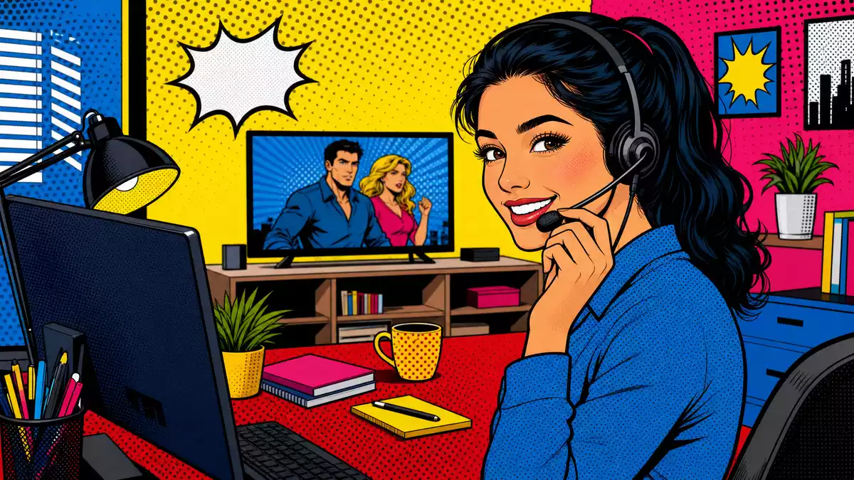 Pop-Art-Comic-Illustration einer Callcenter-Agentin mit Headset vor Streaming-TV