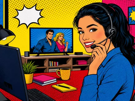 Pop-Art-Comic mit Callcenter-Agentin illustriert Kerngeschäft von NOS SGPS SA, ISIN PTZON0AM0006, farbenfroh dargestellt - Foto: THN