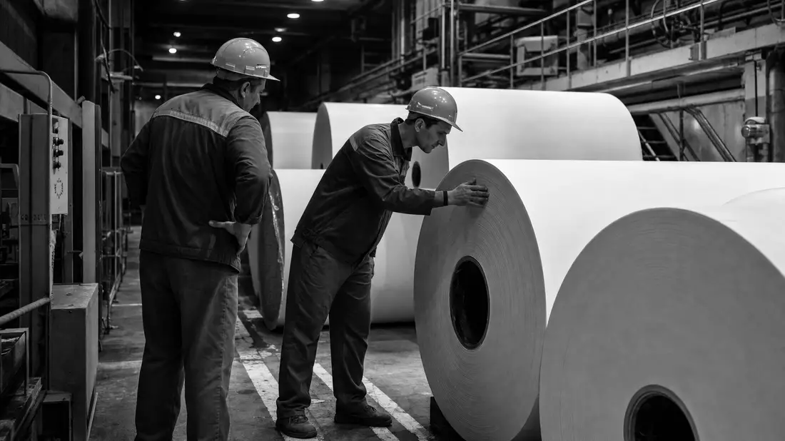 Schwarzweißfoto von Arbeitern bei der Kontrolle riesiger Papierrollen in einer Fabrik