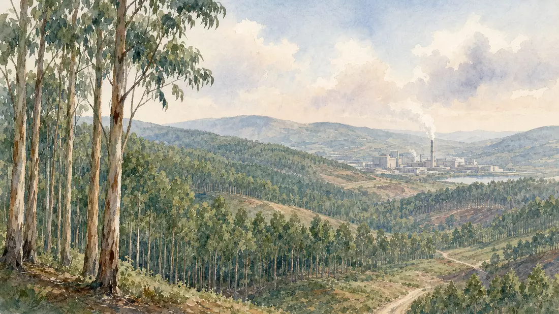 Aquarellbild einer Eukalyptus-Plantage mit fernem Fabriksilhouette in Portugal