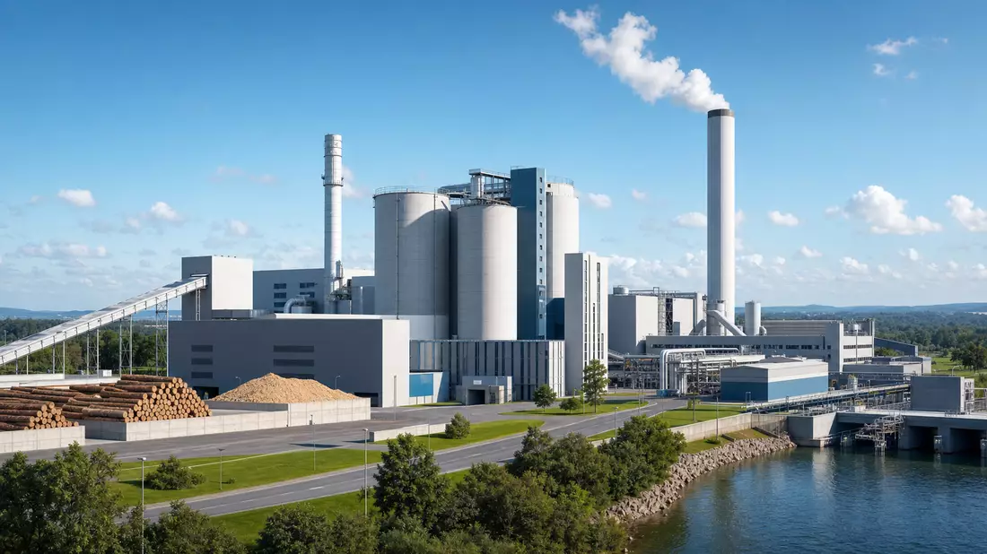 3D-Render einer modernen Zellstoffanlage mit Silos, Schornsteinen und Fluss