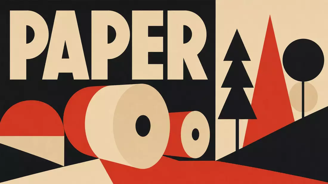 Geometrisches Bauhaus-Poster mit Papierrollen, Bäumen und Schriftzug PAPER