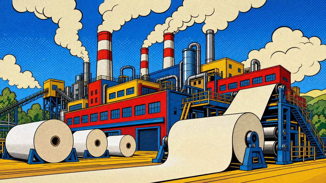 Bunte Pop-Art-Illustration einer Papierfabrik mit Dampf und großen Papierrollen