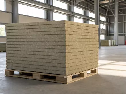 Fotorealistische Steinwolle-Dämmplatten auf Palette zeigen Baustoffproduktion von Rockwool A/S, ISIN DK0010219153, am Werksstandort - Foto: THN
