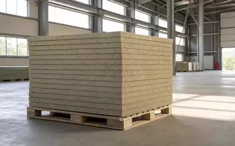 Fotorealistische Steinwolle-Dämmplatten auf Palette zeigen Baustoffproduktion von Rockwool A/S, ISIN DK0010219153, am Werksstandort - Foto: THN
