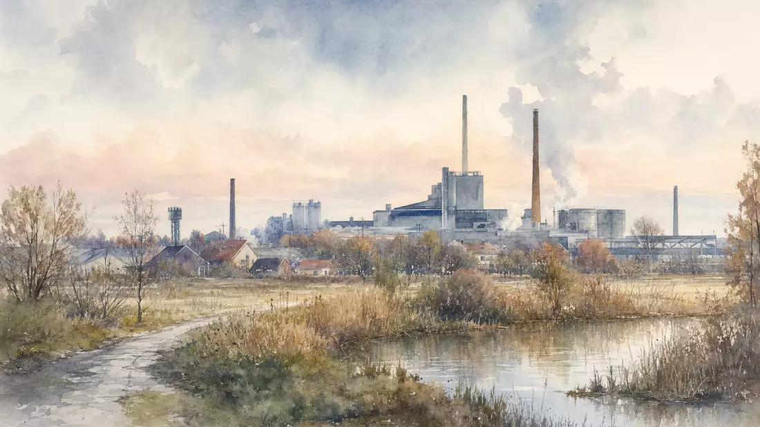 Aquarellmalerei einer dänischen Industrielandschaft mit Fabrikschornsteinen