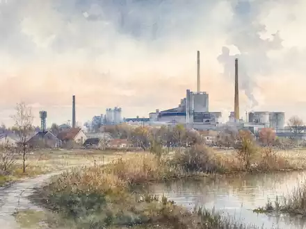 Aquarell einer dänischen Industriestadt nahe Hedehusene, Standort von Rockwool A/S, ISIN DK0010219153, an Nasdaq Copenhagen - Foto: THN