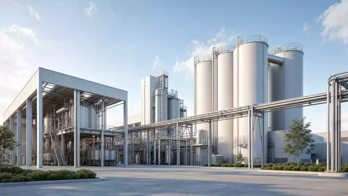 Architektonisches 3D-Render einer modernen Industrieanlage mit großen Lagersilos