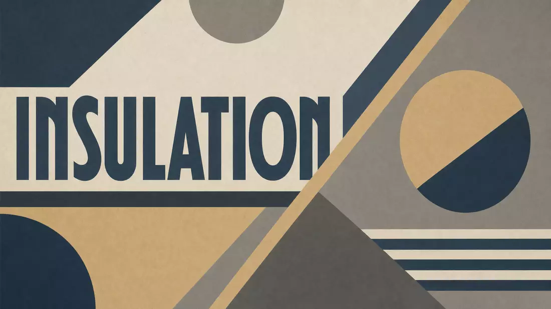 Bauhaus-Stil Poster mit geometrischen Formen und dem Wort INSULATION in Blau-Beige-Tönen