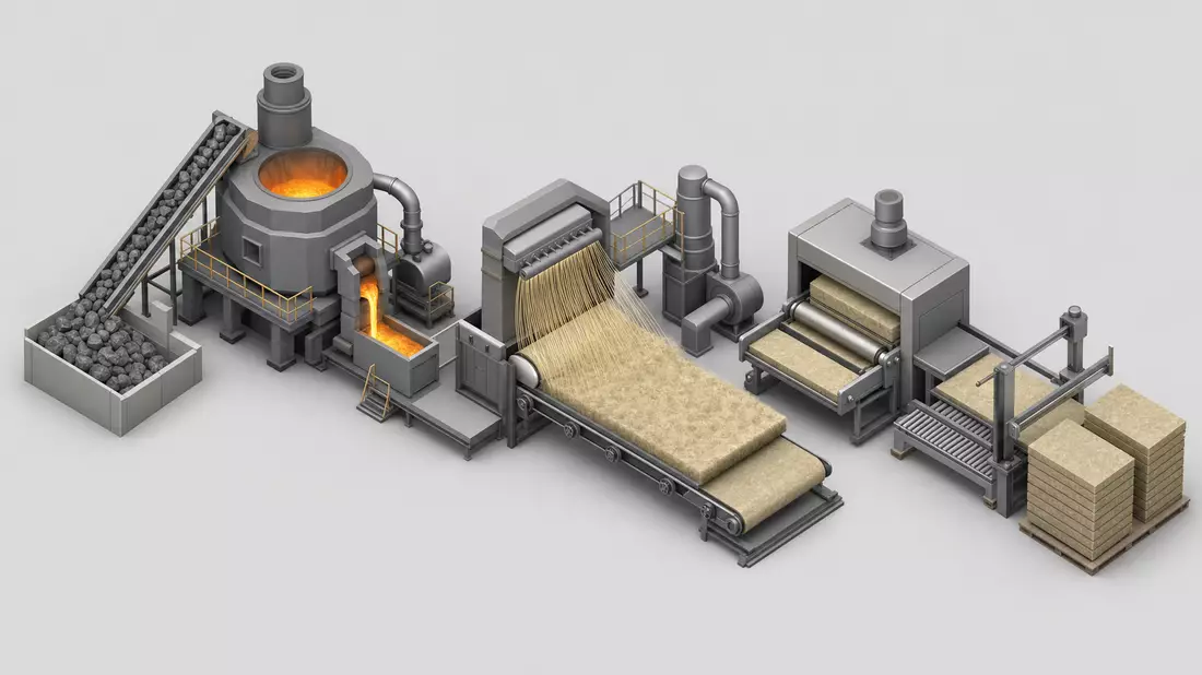 Isometrische 3D-Illustration einer Produktionslinie von Hochofen bis Dämmplattenstapel