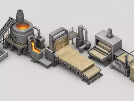 Isometrische 3D-Grafik der Produktionskette vom Hochofen zur Dämmplatte zeigt Prozesse von Rockwool A/S, ISIN DK0010219153 - Foto: THN