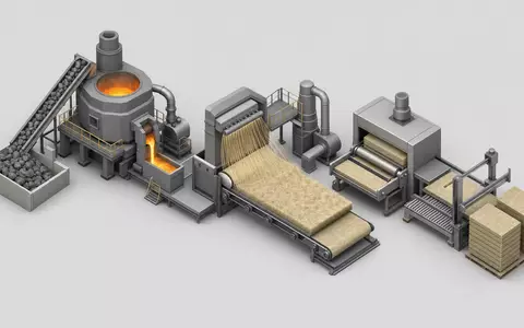 Isometrische 3D-Grafik der Produktionskette vom Hochofen zur DĂ€mmplatte zeigt Prozesse von Rockwool A/S, ISIN DK0010219153 - Foto: THN