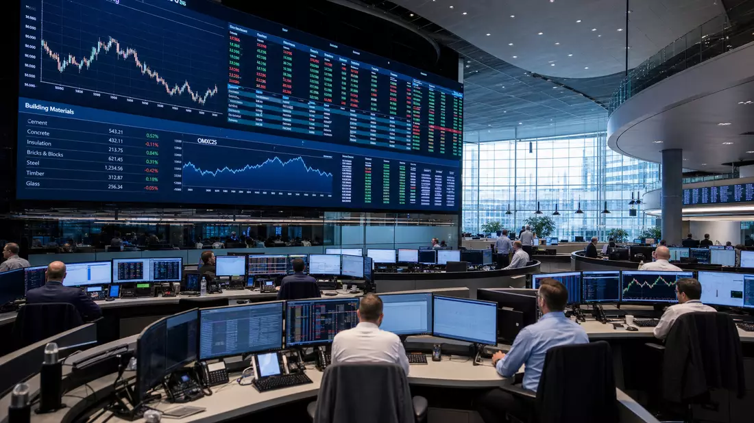 Trading-Floor mit großen Bildschirmen und Baustoff-Sektor Aktiencharts der OMXC25