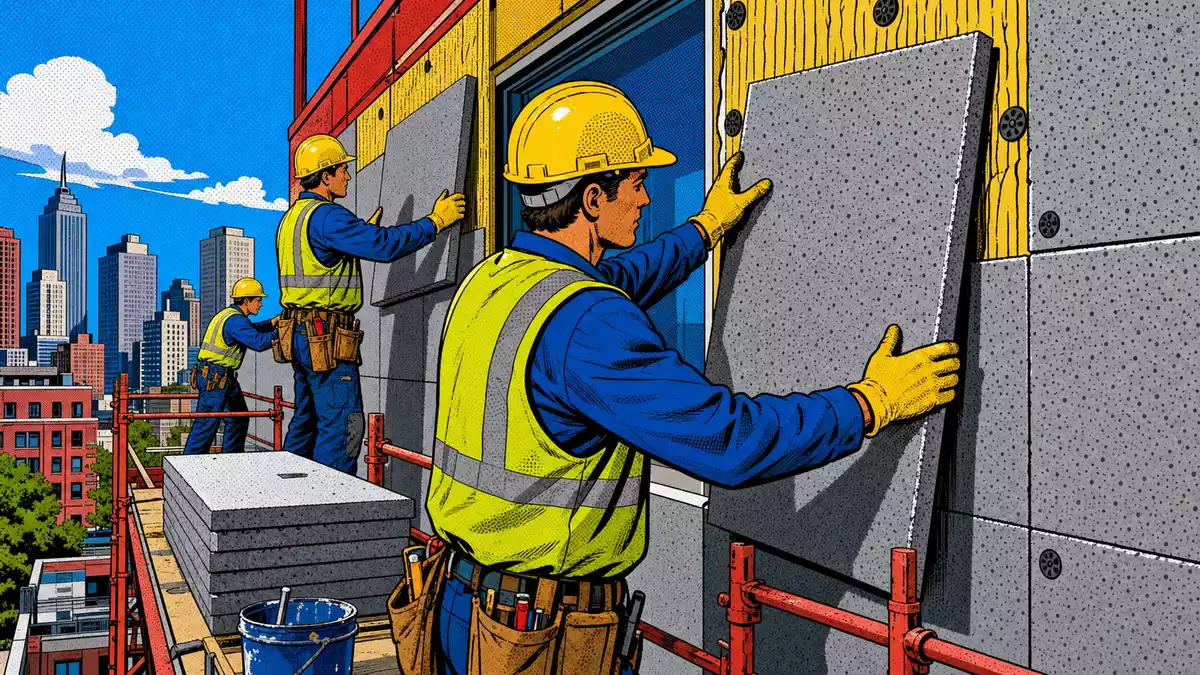 Pop-Art-Comic-Illustration von Bauarbeitern bei Montage grauer Dämmplatten an Fassade