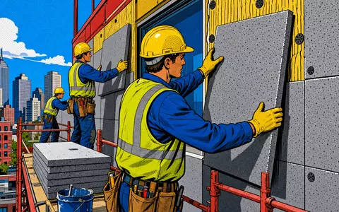Pop-Art-Comic zeigt Bauarbeiter bei Fassadendämmung, farbenfrohe Szene zur Branche von Rockwool A/S, ISIN DK0010219153 - Foto: THN