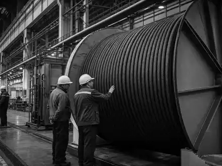 Schwarzweiß-Reportage aus einer Kabelfabrik zeigt Arbeiter an riesiger Kabeltrommel, passend zu NKT A/S, ISIN DK0010287663 - Foto: THN
