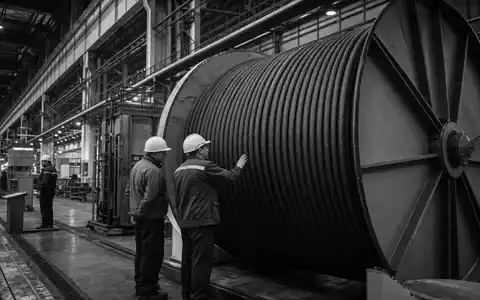 Schwarzweiß-Reportage aus einer Kabelfabrik zeigt Arbeiter an riesiger Kabeltrommel, passend zu NKT A/S, ISIN DK0010287663 - Foto: THN
