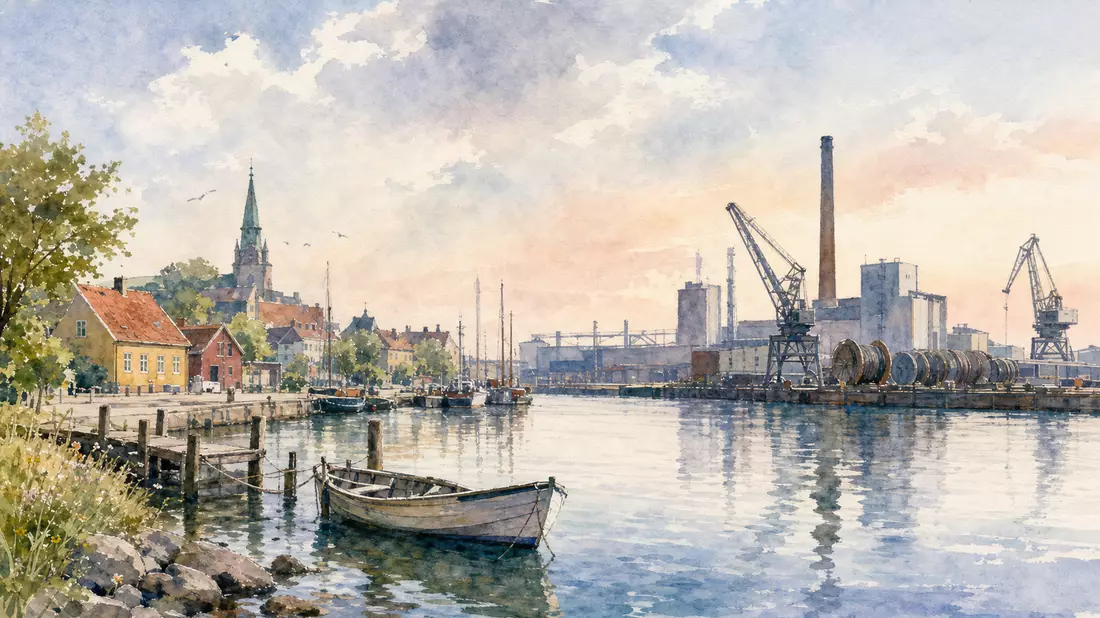 Aquarell eines dänischen Hafens mit Fabrikanlage, Motiv zu NKT A/S DK0010287663