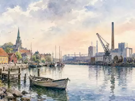 Aquarellmalerei eines dänischen Hafenstädtchens mit Kabelfabrik-Silhouette, thematisch verknüpft mit NKT A/S, ISIN DK0010287663 - Foto: THN
