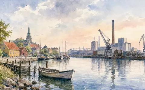 Aquarellmalerei eines dänischen Hafenstädtchens mit Kabelfabrik-Silhouette, thematisch verknüpft mit NKT A/S, ISIN DK0010287663 - Foto: THN