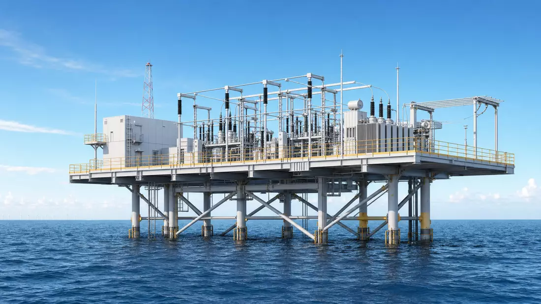 3D-Render einer Offshore-Umspannplattform im Meer, Bezug NKT A/S DK0010287663