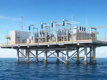 Architektur-Render einer Offshore-Umspannplattform auf See, symbolisch für Geschäftsfeld von NKT A/S, ISIN DK0010287663 - Foto: THN