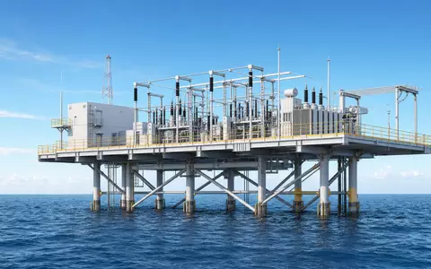 Architektur-Render einer Offshore-Umspannplattform auf See, symbolisch für Geschäftsfeld von NKT A/S, ISIN DK0010287663 - Foto: THN