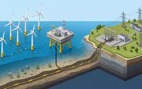 Isometrische 3D-Grafik zeigt Wertschöpfungskette von Windpark bis Netz, passend zum Geschäft von NKT A/S, DK0010287663 - Foto: THN