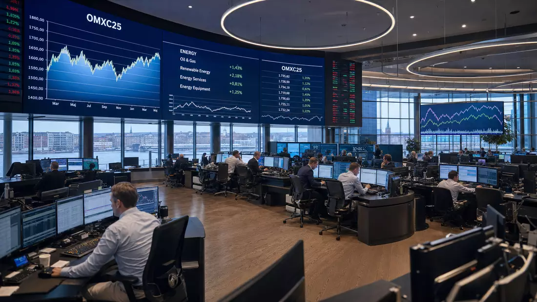 Trading-Floor mit OMXC25-Kurscharts, Bezug zum Nasdaq-Titel NKT A/S DK0010287663