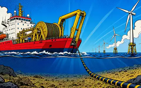 Pop-Art-Comic zeigt Kabelverlegeschiff bei Offshore-Windpark, farbenfrohe Illustration zum Geschäft von NKT A/S, DK0010287663 - Foto: THN