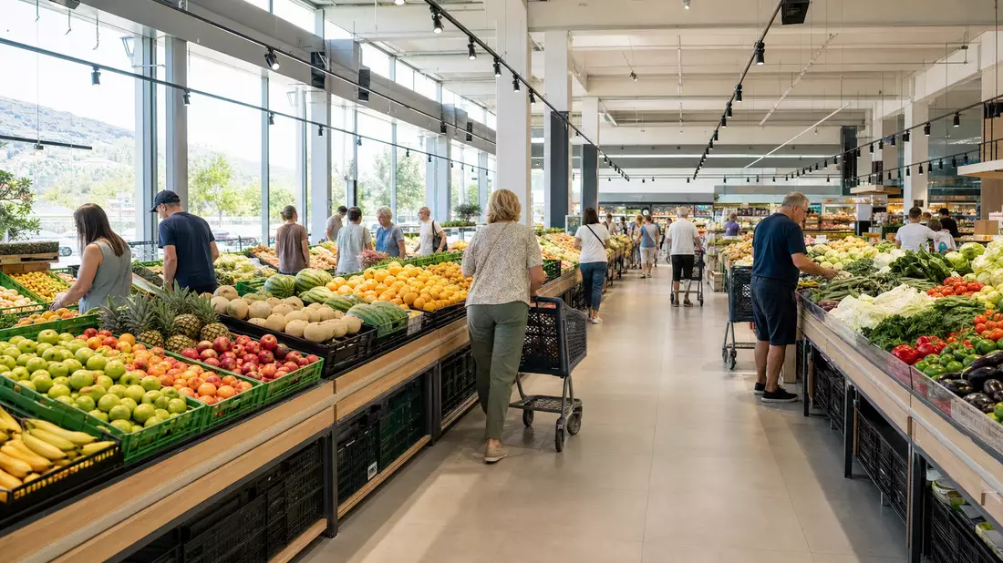 Moderner Supermarkt mit Frischeregalen, Kunden mit Einkaufswagen in heller Verkaufshalle