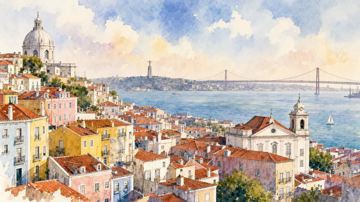 Aquarellmalerei der Lissabon-Skyline mit Tejo-Fluss und bunten Häusern am Hang