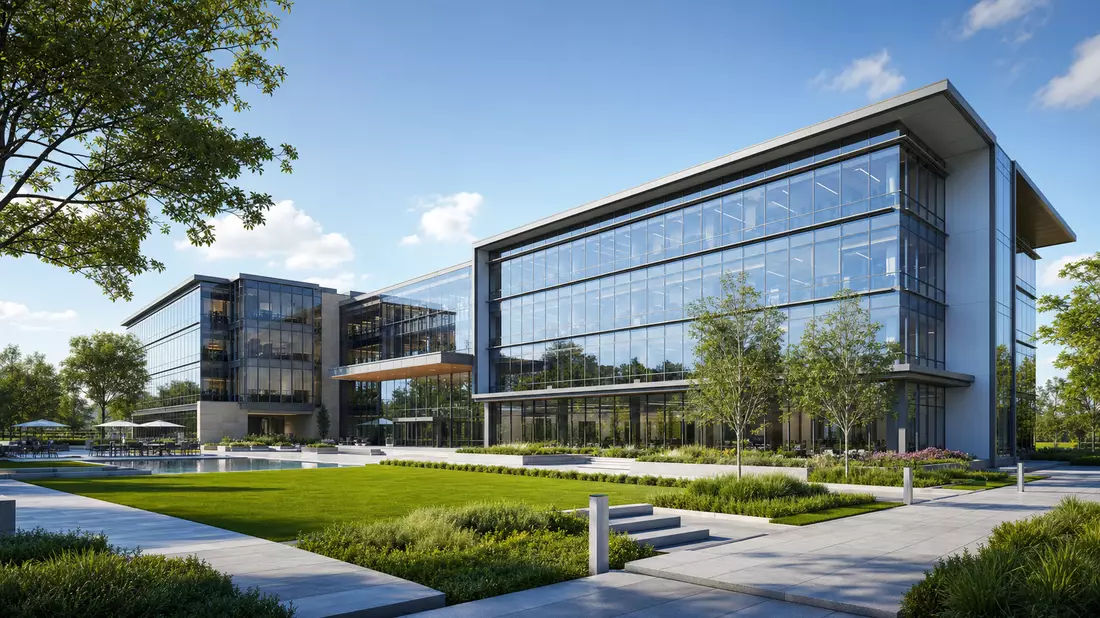 Architektur-Render eines modernen Bürogebäudes mit Glasfassade und gepflegten Grünflächen