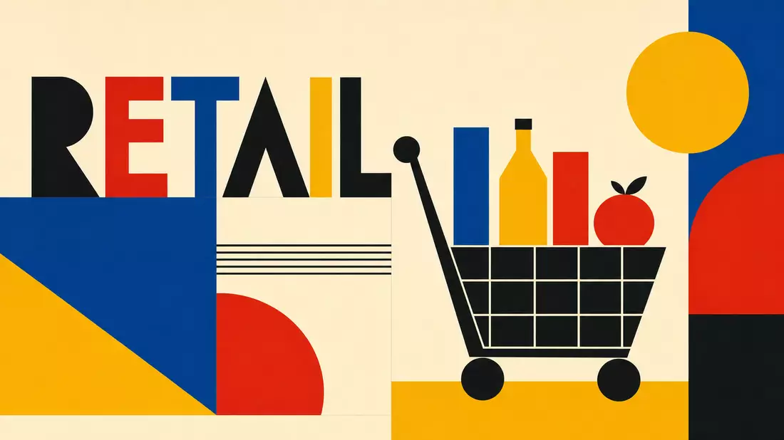 Bauhaus-Poster mit geometrischen Formen, Einkaufswagen-Symbol und dem Schriftzug RETAIL