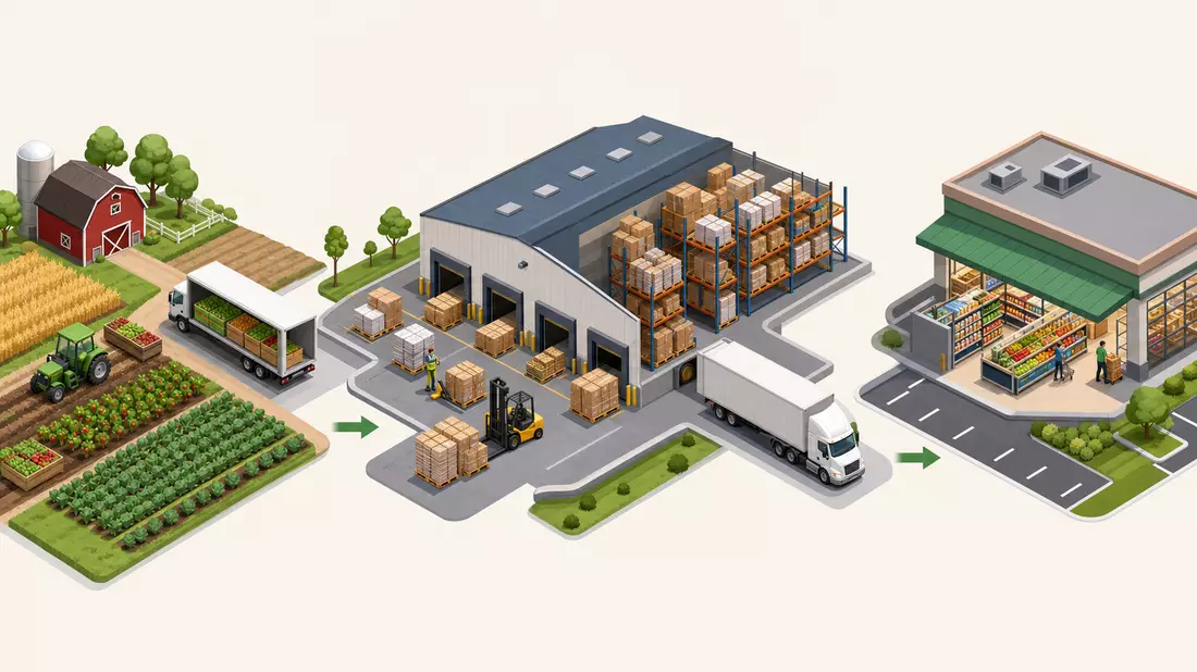 Isometrische 3D-Illustration der Lieferkette von Farm über Lager bis zum Supermarkt